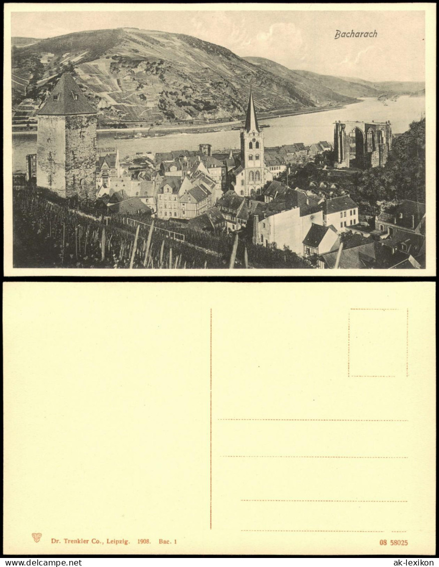 Ansichtskarte Bacharach Panorama-Ansicht; Rhein-Tal 1908 - Bacharach