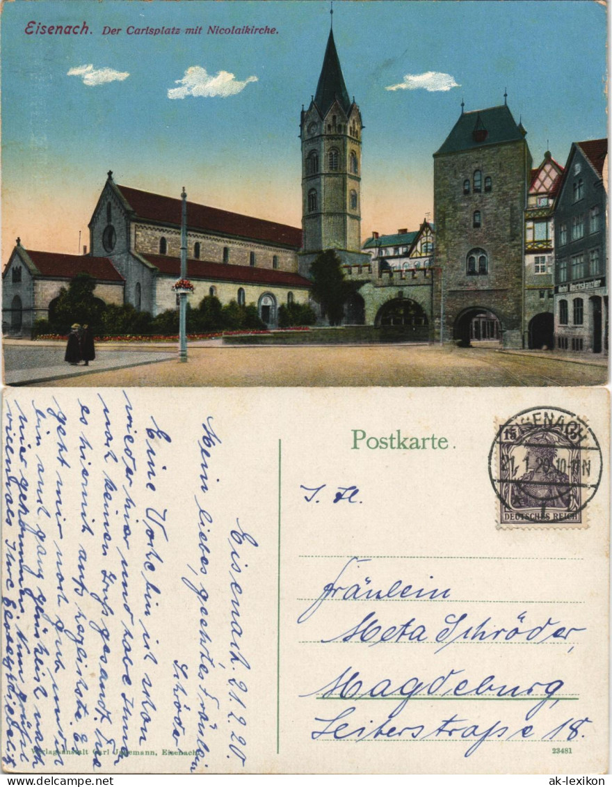 Ansichtskarte Eisenach Karlsplatz 1920  Gel. 15 Pfg. Germania - Eisenach