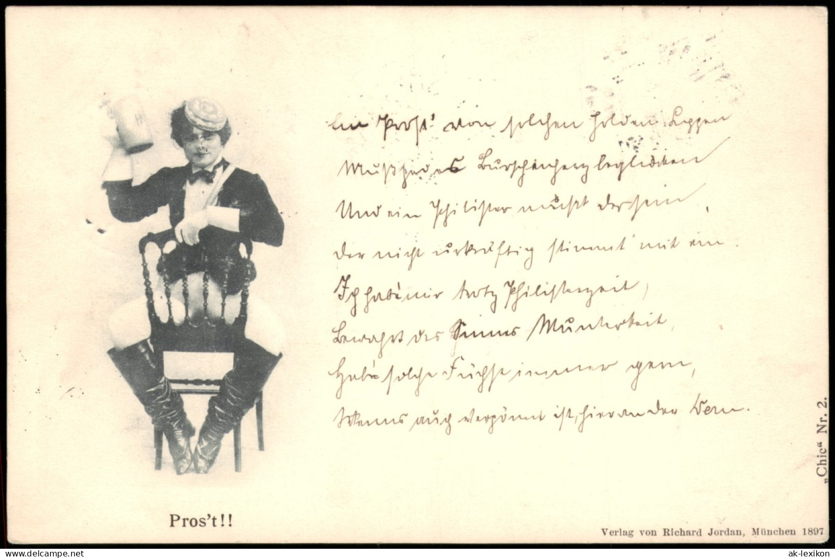 Scherzkarte Alkohol, Trinkerei Frau Mit Bierseidel Auf Stuhl 1897 - Personnages