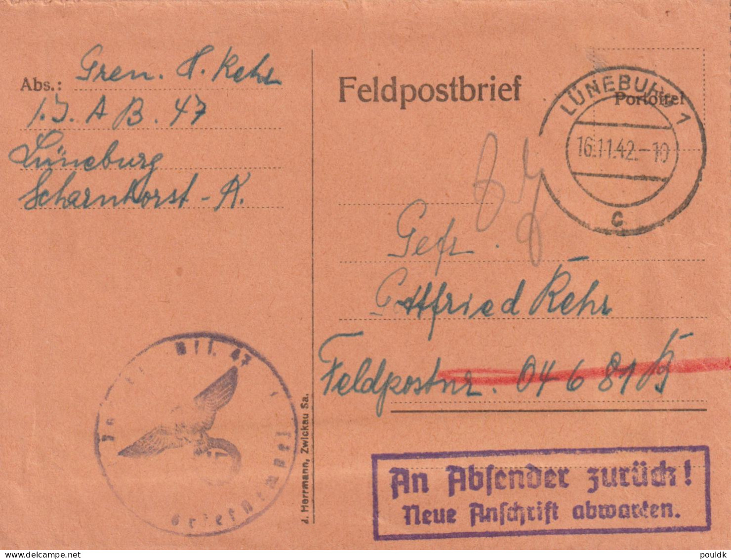 German Feldpost WW2 To E Of Estonia (N Of Nowgorod) - Infanterie-Regiment 76 (12./III) FP 04681B However Returned  - Militares