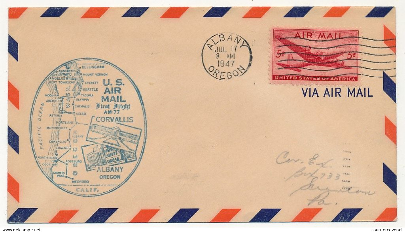 Etats Unis => Env Depuis Albany Oregon 17 Juillet 1947 - U.S. Ait Mail First Flight AM 77 Corvallis - Albany (Oregon) - 2c. 1941-1960 Storia Postale