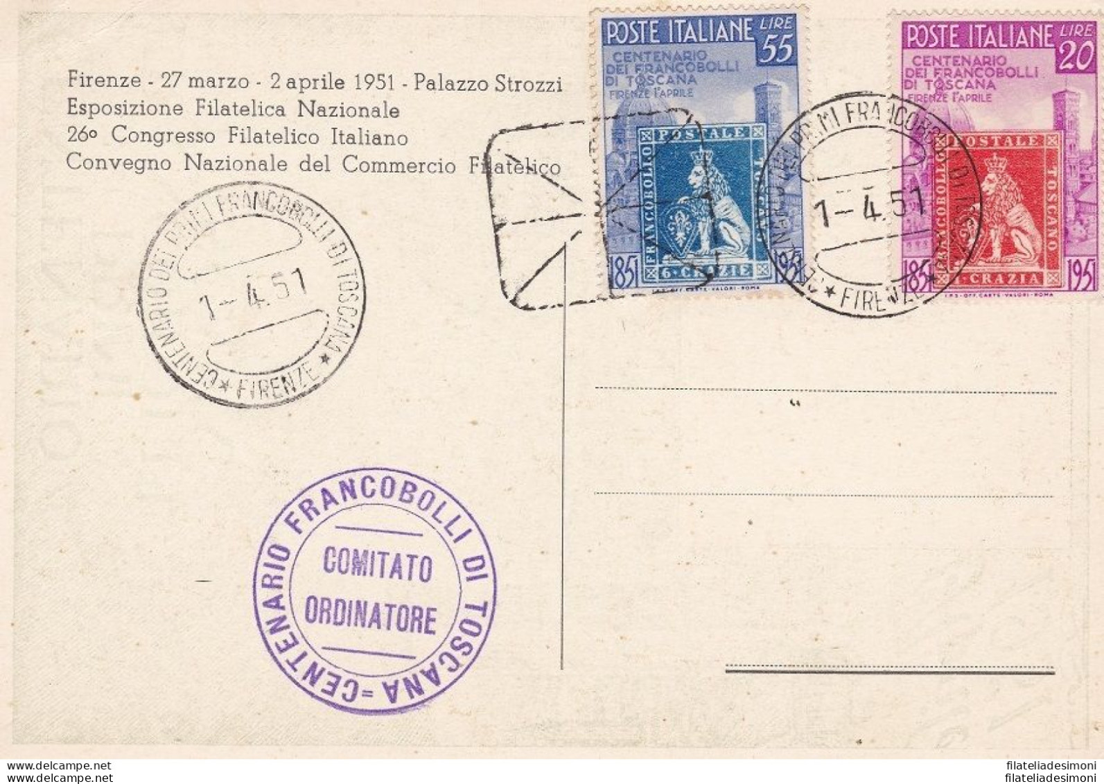 1951 100° Francobolli Di Toscana N° 653-654 Su Cartolina Della Manifestazione - Marcophilia
