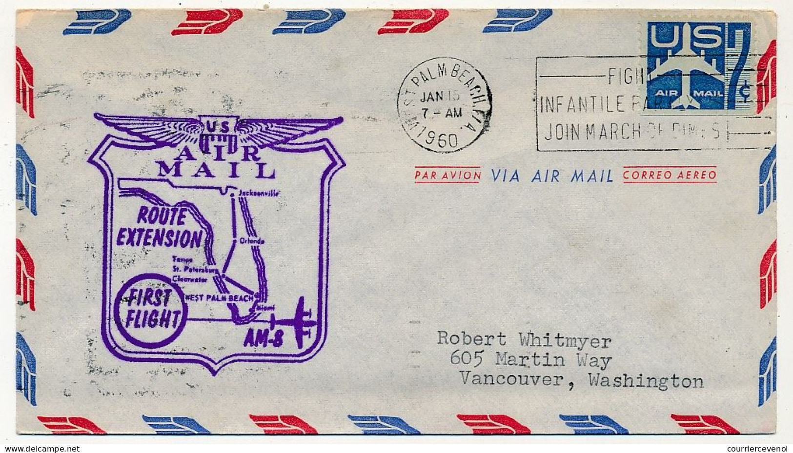 Etats Unis - Env. Depuis St Palm Beach - First Flight Jacksonville - West Palm Beach - 15 Janv. 1960 - 2c. 1941-1960 Lettres