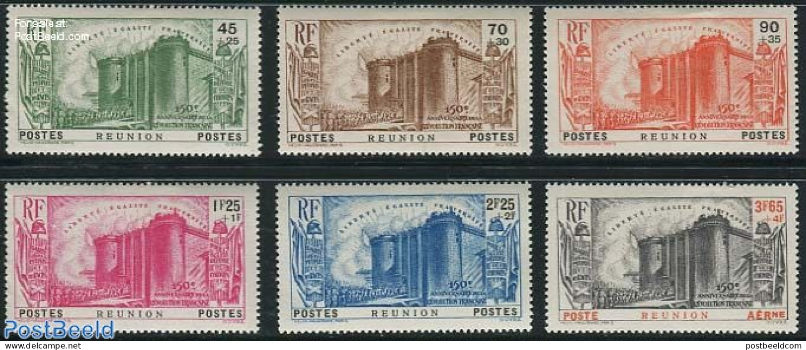 Reunion 1939 French Revolution 6v, Unused (hinged), History - History - Art - Castles & Fortifications - Châteaux