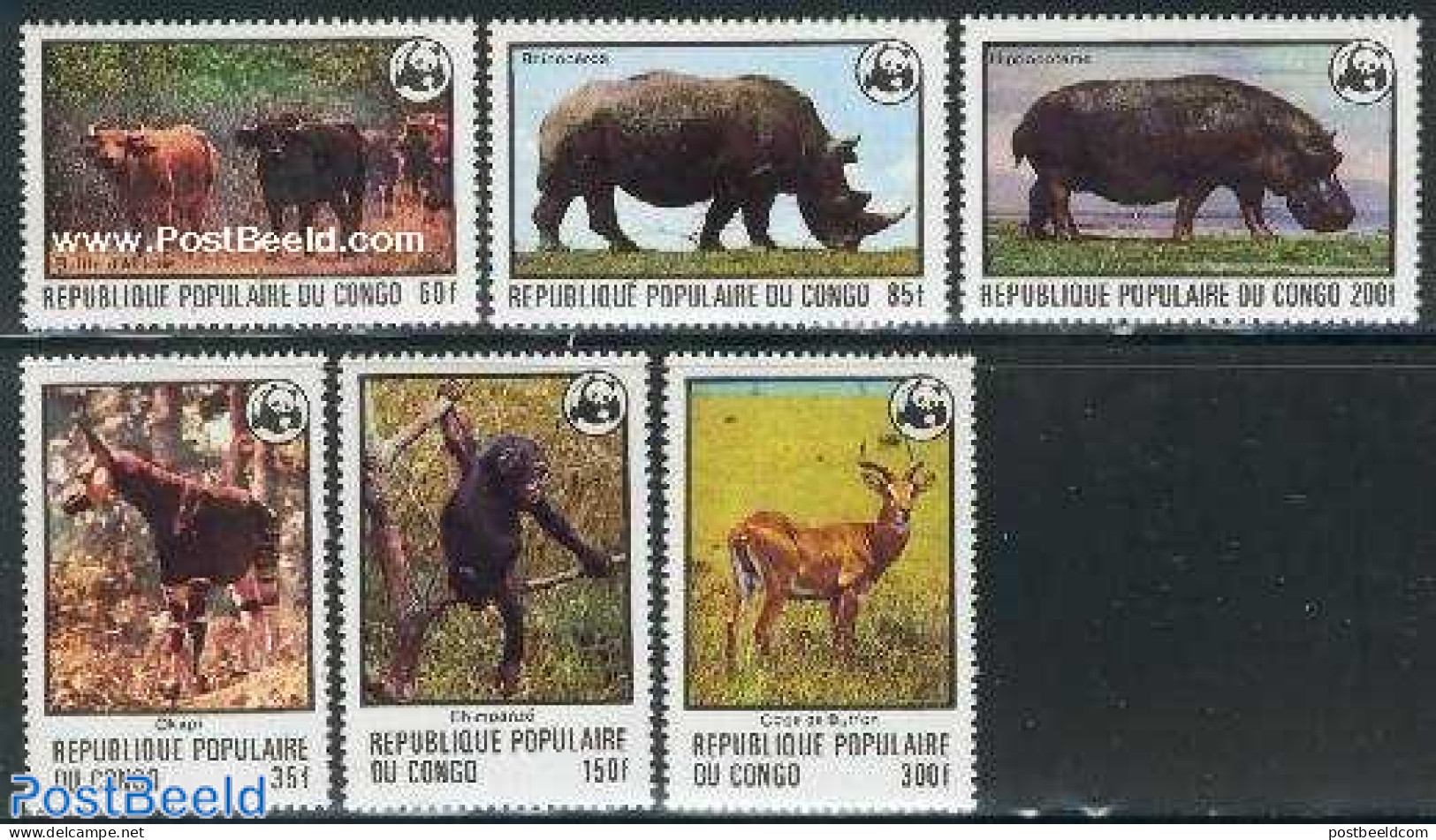 Congo Republic 1978 WWF, Animals 6v, Mint NH, Nature - Animals (others & Mixed) - Hippopotamus - Monkeys - Rhinoceros .. - Otros & Sin Clasificación