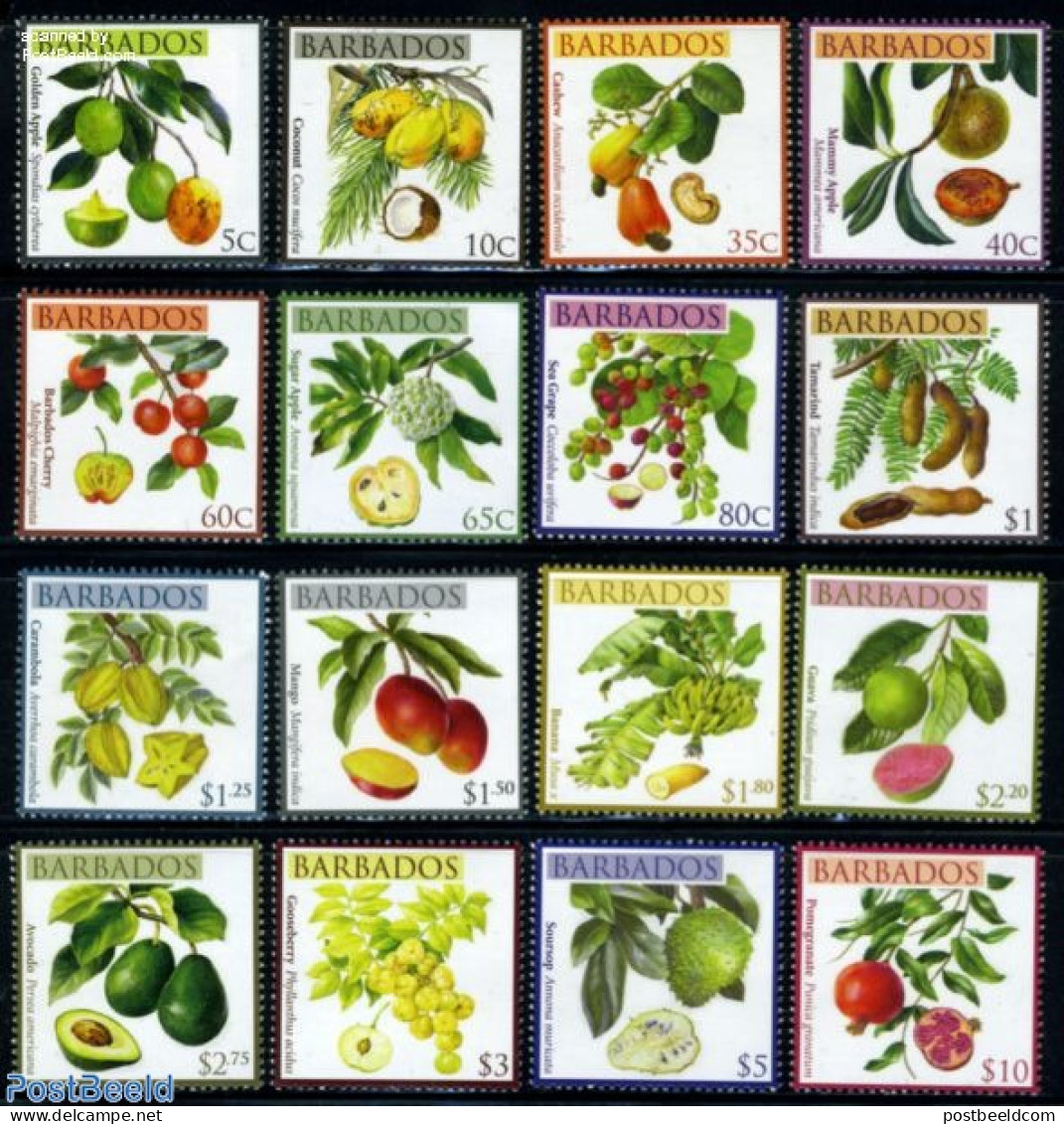 Barbados 2011 Definitives, Fruit 16v, Mint NH, Nature - Fruit - Obst & Früchte