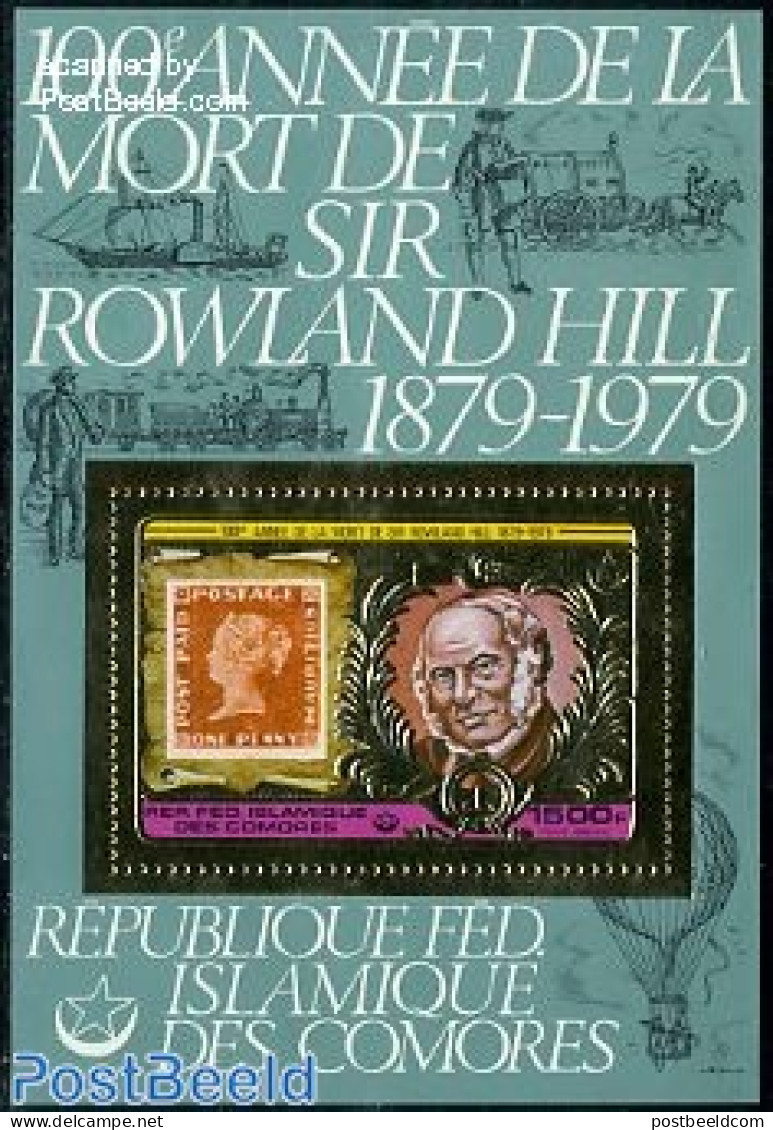 Comoros 1978 Sir Rowland Hill S/s, Gold, Mint NH, Transport - Post - Sir Rowland Hill - Stamps On Stamps - Balloons - .. - Correo Postal