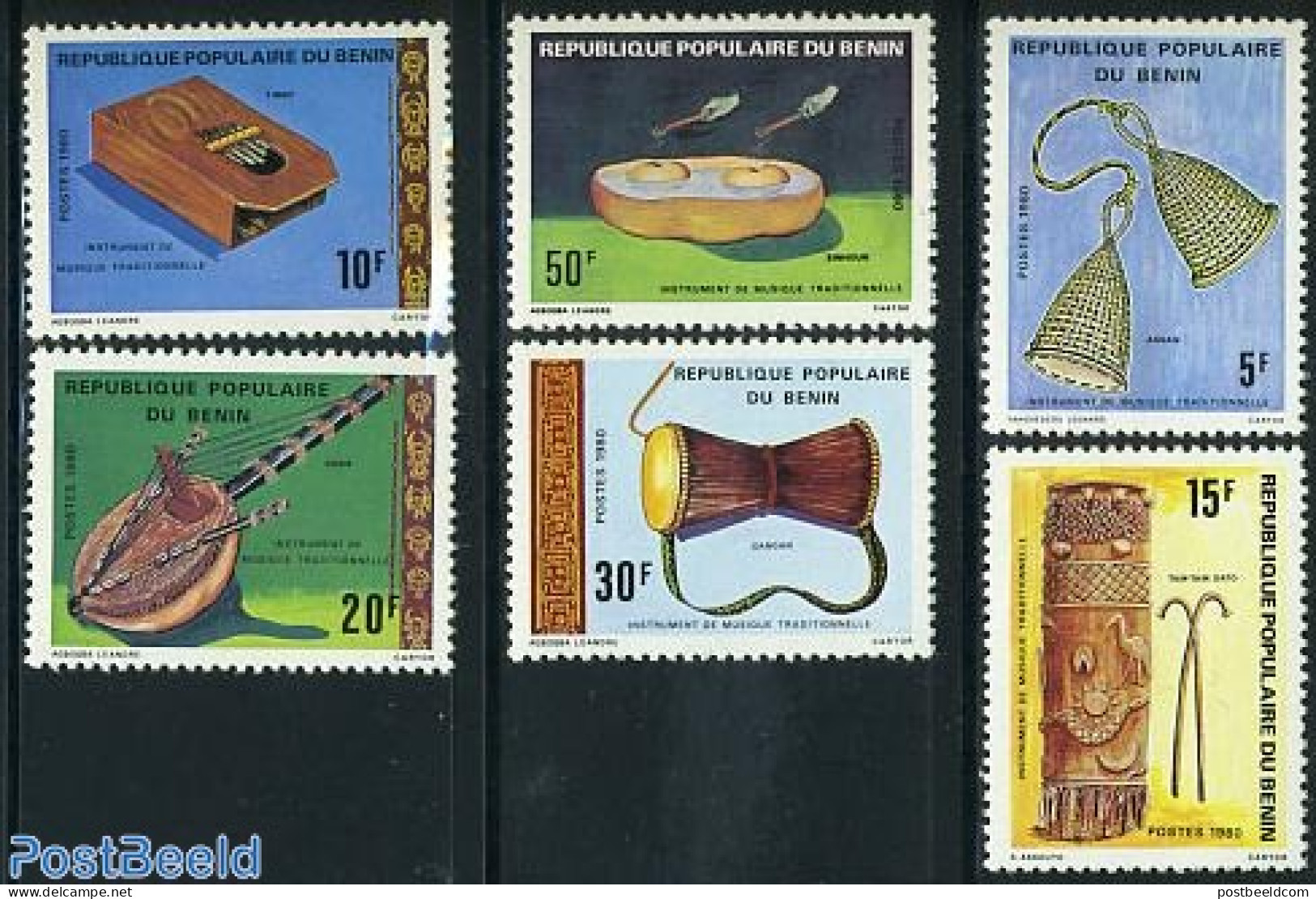 Benin 1980 Music Instruments 6v, Mint NH, Performance Art - Music - Musical Instruments - Neufs