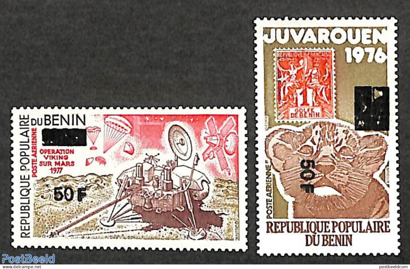 Benin 1982 Overprints 2v, Mint NH, Nature - Transport - Cat Family - Stamps On Stamps - Space Exploration - Nuovi