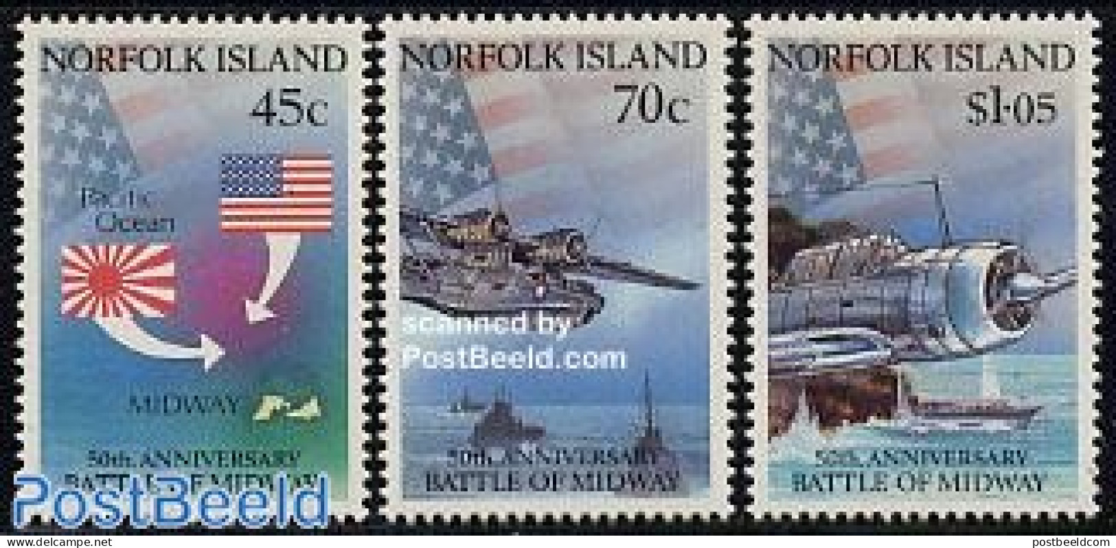 Norfolk Island 1992 Midway Battle 3v, Mint NH, History - Transport - Various - World War II - Aircraft & Aviation - Maps - Seconda Guerra Mondiale