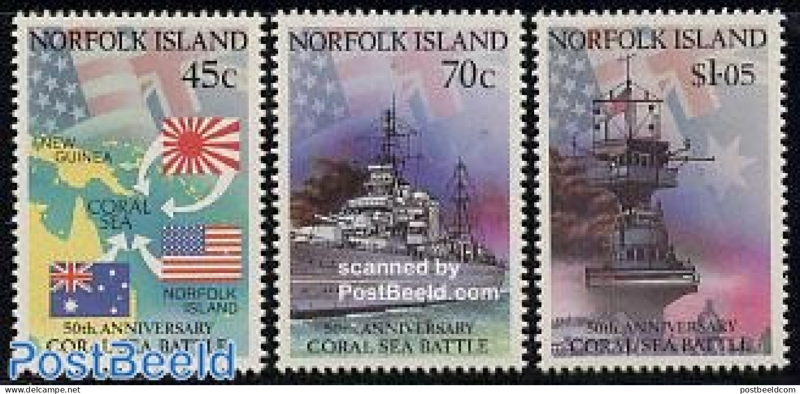 Norfolk Island 1992 Coral Sea Battle 3v, Mint NH, History - Transport - Flags - Militarism - World War II - Ships And .. - Militares