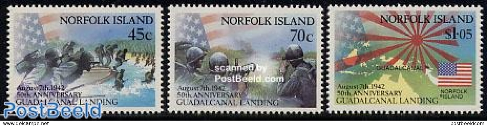 Norfolk Island 1992 Guadalcanal 3v, Mint NH, History - Various - Militarism - World War II - Maps - Militares