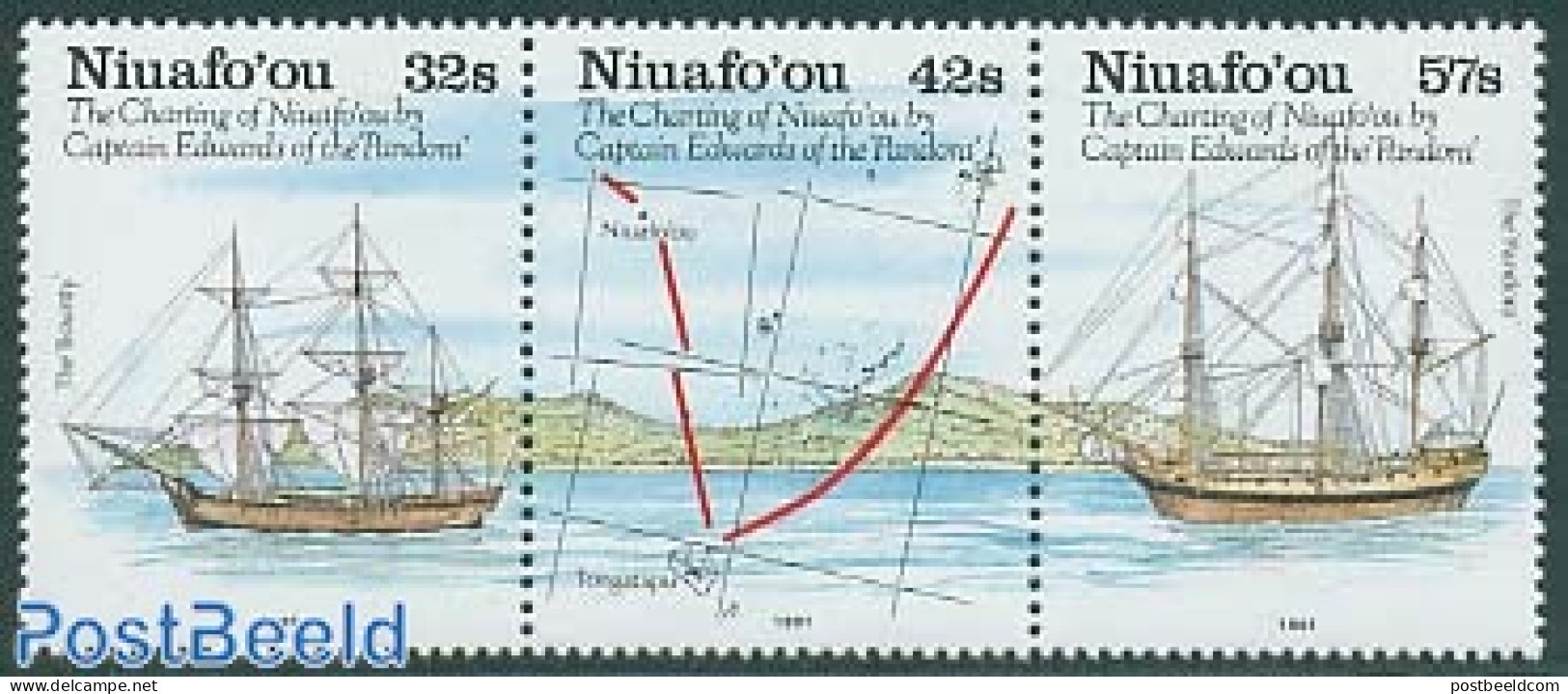 Niuafo'ou 1991 First Mapping 3v [::], Mint NH, History - Transport - Various - Explorers - Ships And Boats - Maps - Onderzoekers