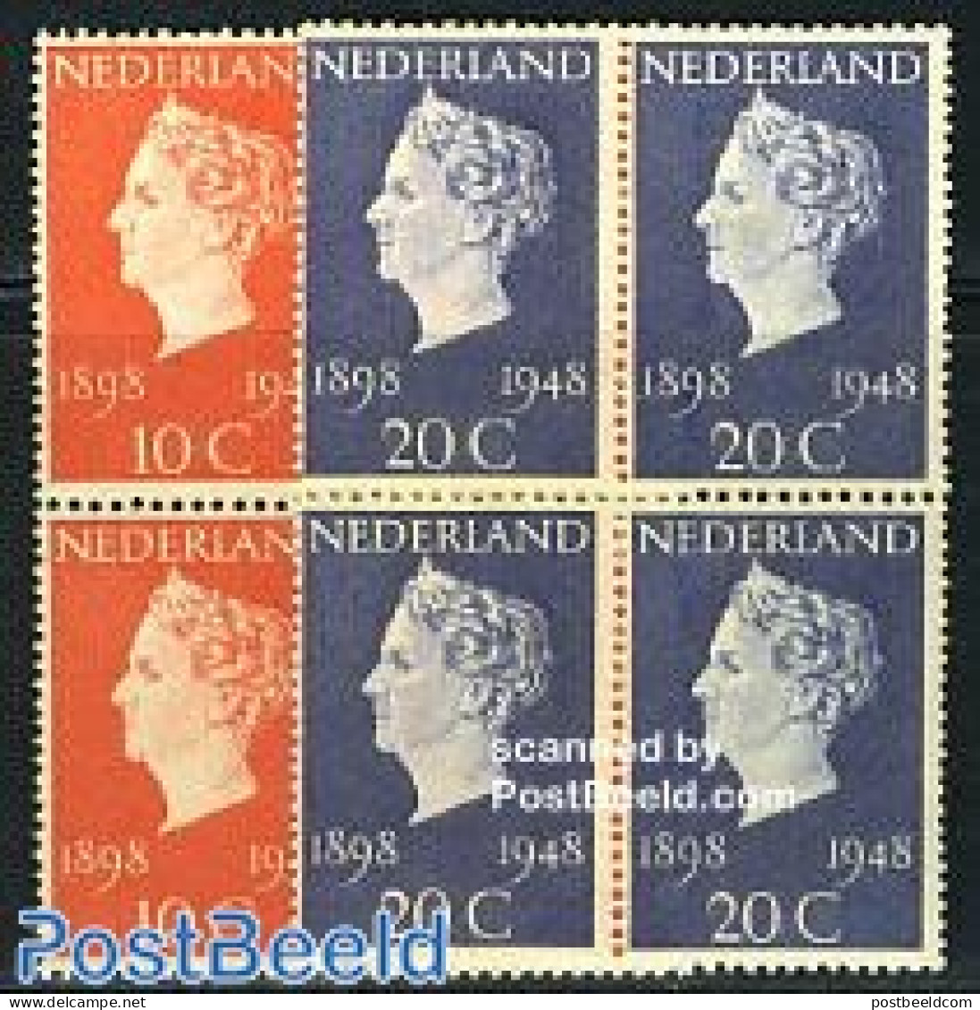 Netherlands 1948 Silver Jubilee 2v, Blocks Of 4 [+], Mint NH, History - Kings & Queens (Royalty) - Neufs