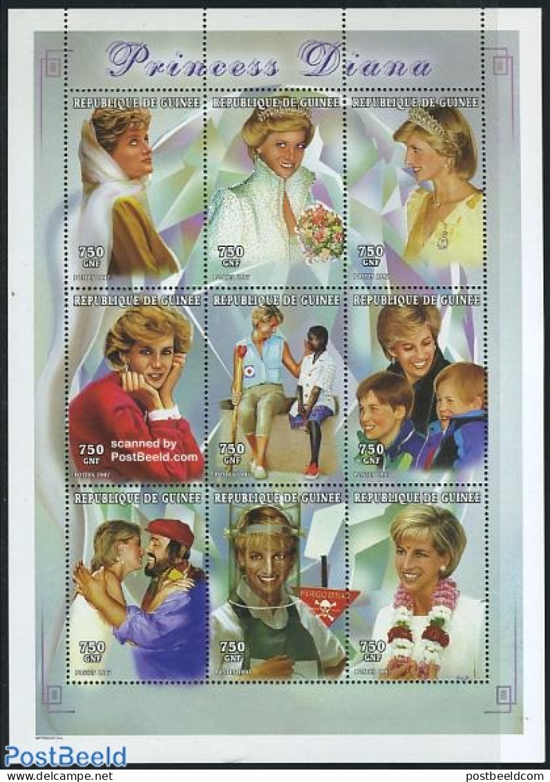 Guinea, Republic 1997 Death Of Diana 9v M/s (9x750F), Mint NH, Health - History - Performance Art - Disabled Persons -.. - Handicaps