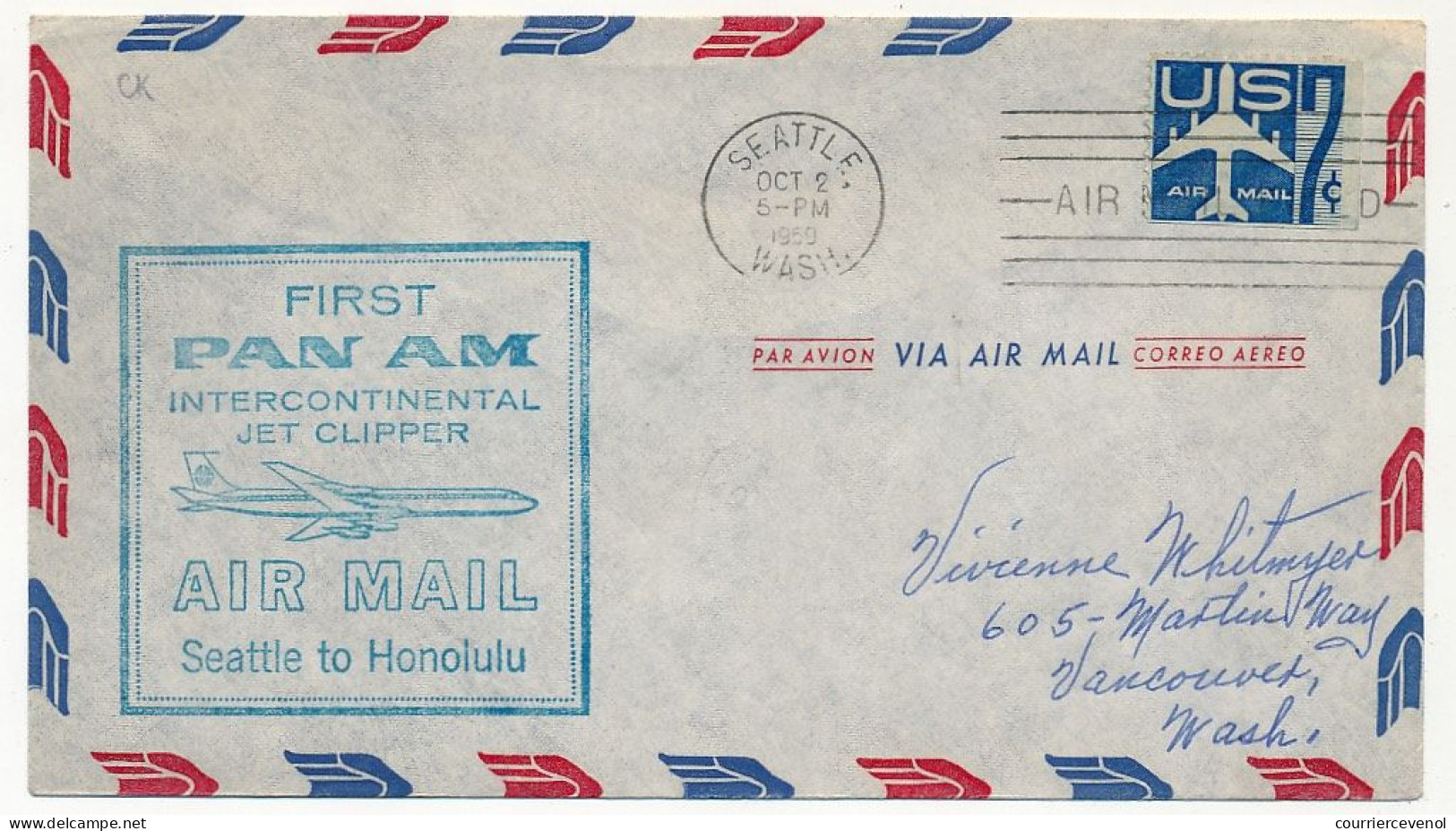 Etats Unis - Env. Depuis Seattle Wash - 2 Oct 1959 - First Pan Am Intercontinental Jet Clipper Seattle To Honolulu - 2c. 1941-1960 Lettres