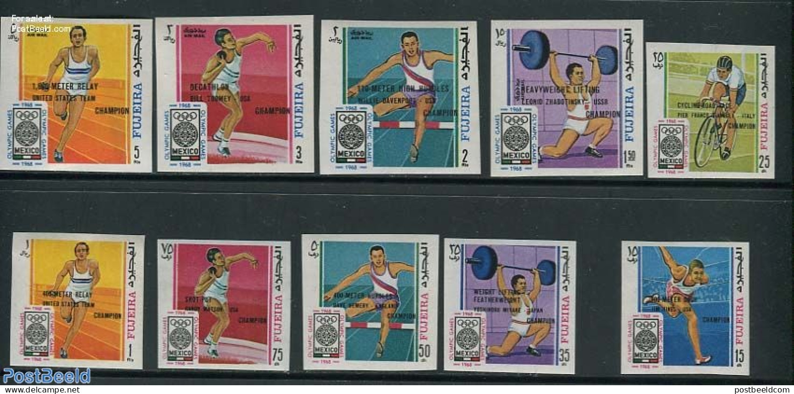 Fujeira 1968 Olympic Winners 10v, Imperforated, Mint NH, Sport - Olympic Games - Sport (other And Mixed) - Fudschaira