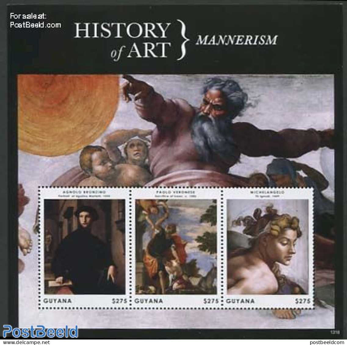 Guyana 2013 History Of Art, Mannerism 3v M/s, Mint NH, Art - Michelangelo - Paintings - Guyane (1966-...)