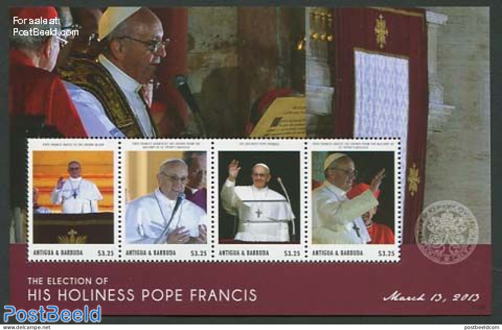 Antigua & Barbuda 2013 Pope Francis 4v M/s, Mint NH, Religion - Pope - Religion - Päpste