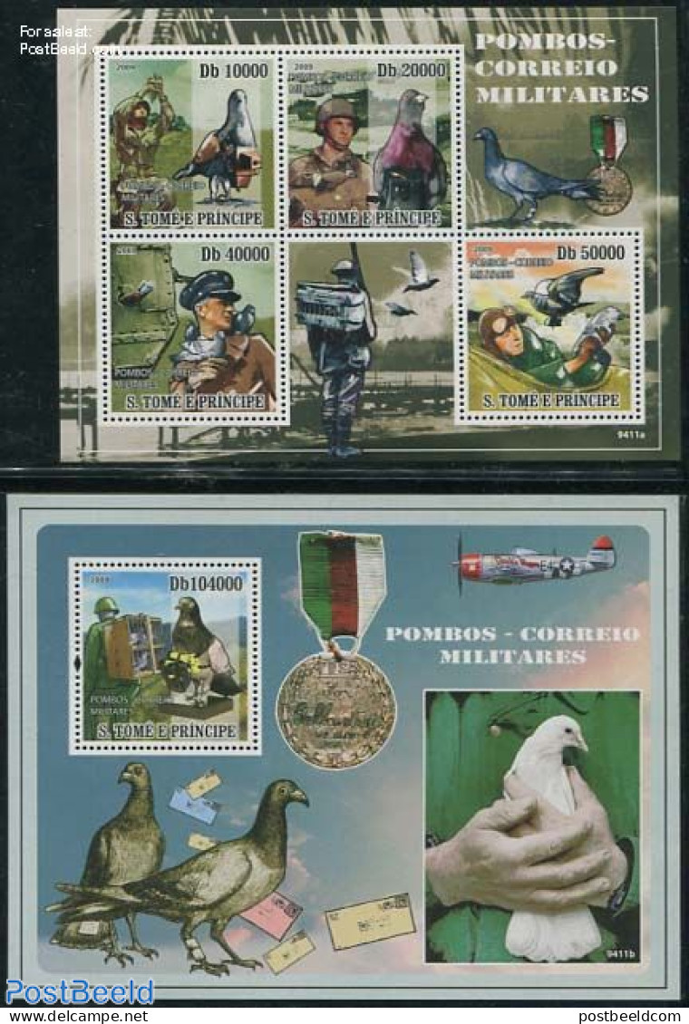 Sao Tome/Principe 2009 Military Use Of Pigeons 2 S/s, Mint NH, History - Nature - Militarism - Birds - Militares