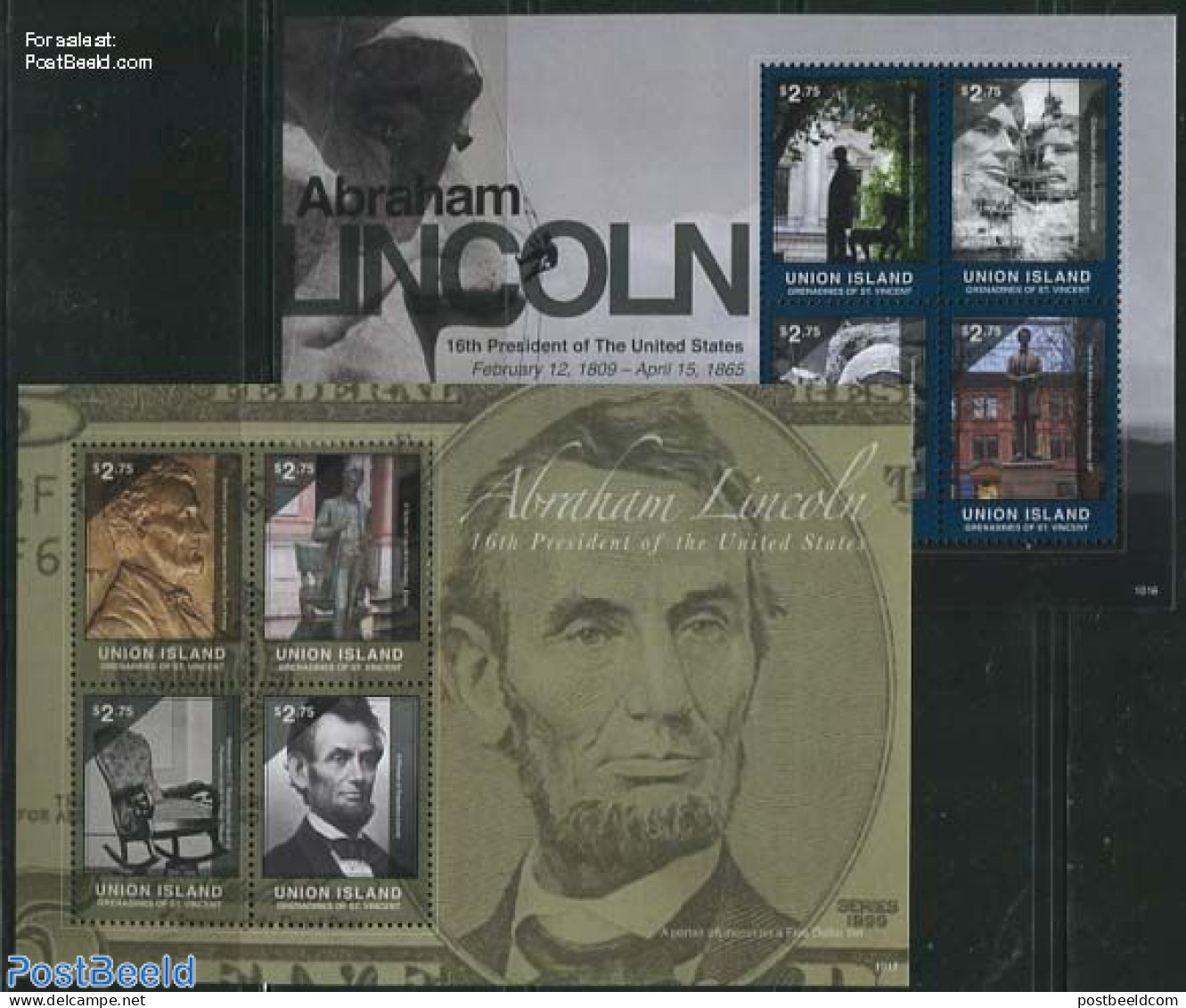 Saint Vincent & The Grenadines 2010 Abraham Lincoln 8v (2 M/s), Mint NH, History - American Presidents - Art - Sculpture - Beeldhouwkunst