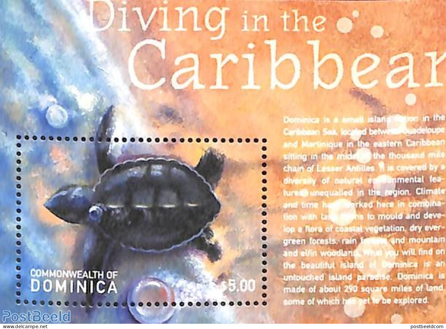 Dominica 2001 Diving, Turtle S/s, Mint NH, Nature - Sport - Reptiles - Turtles - Diving - Plongée