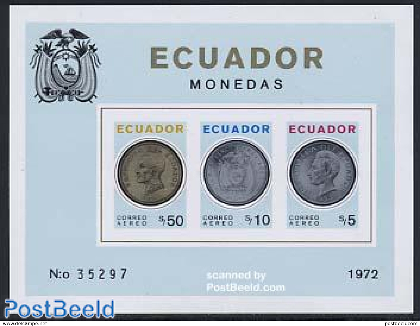 Ecuador 1973 Coins S/s Imperforated, Mint NH, Various - Money On Stamps - Coins