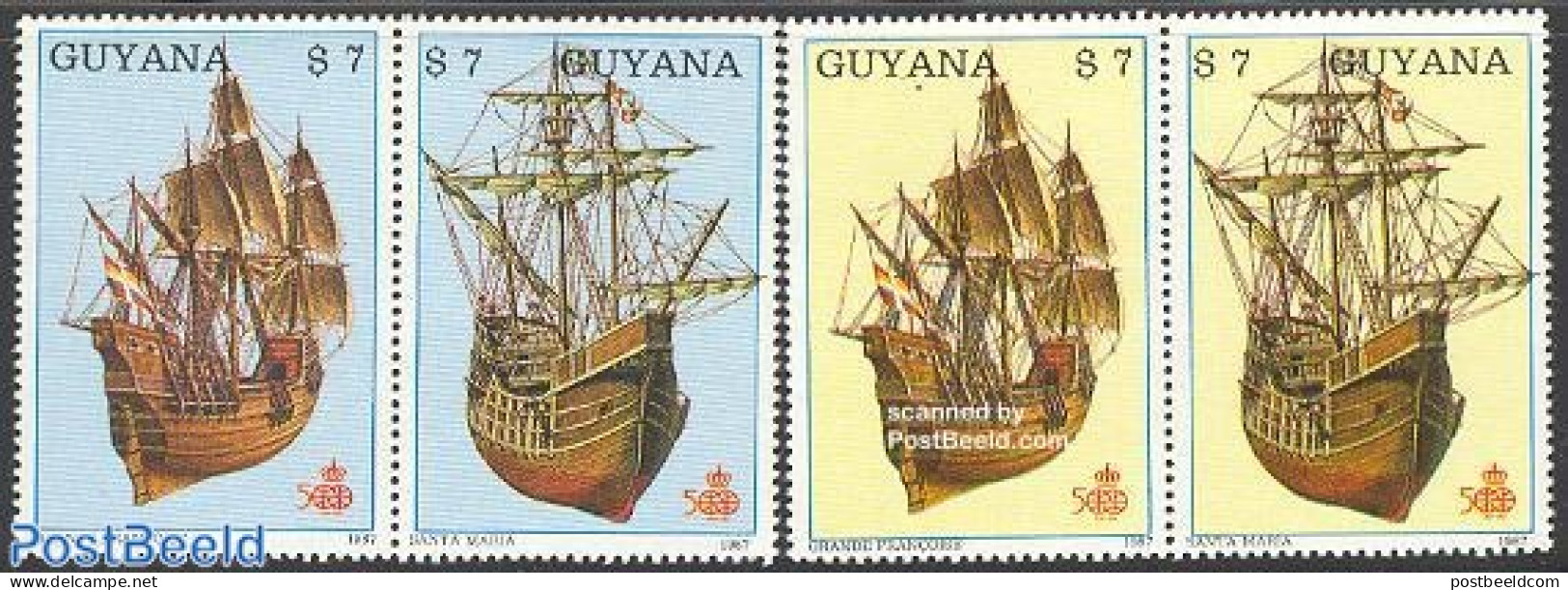 Guyana 1988 Discovery Of America 4v (2x[:]), Mint NH, History - Transport - Explorers - Ships And Boats - Onderzoekers