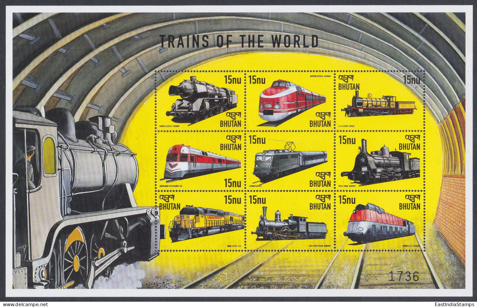 Bhutan 1999 MNH MS Trains Of The World, Train, Railway, Railways, Electric, Steam Engine, Miniature Sheet - Bhutan