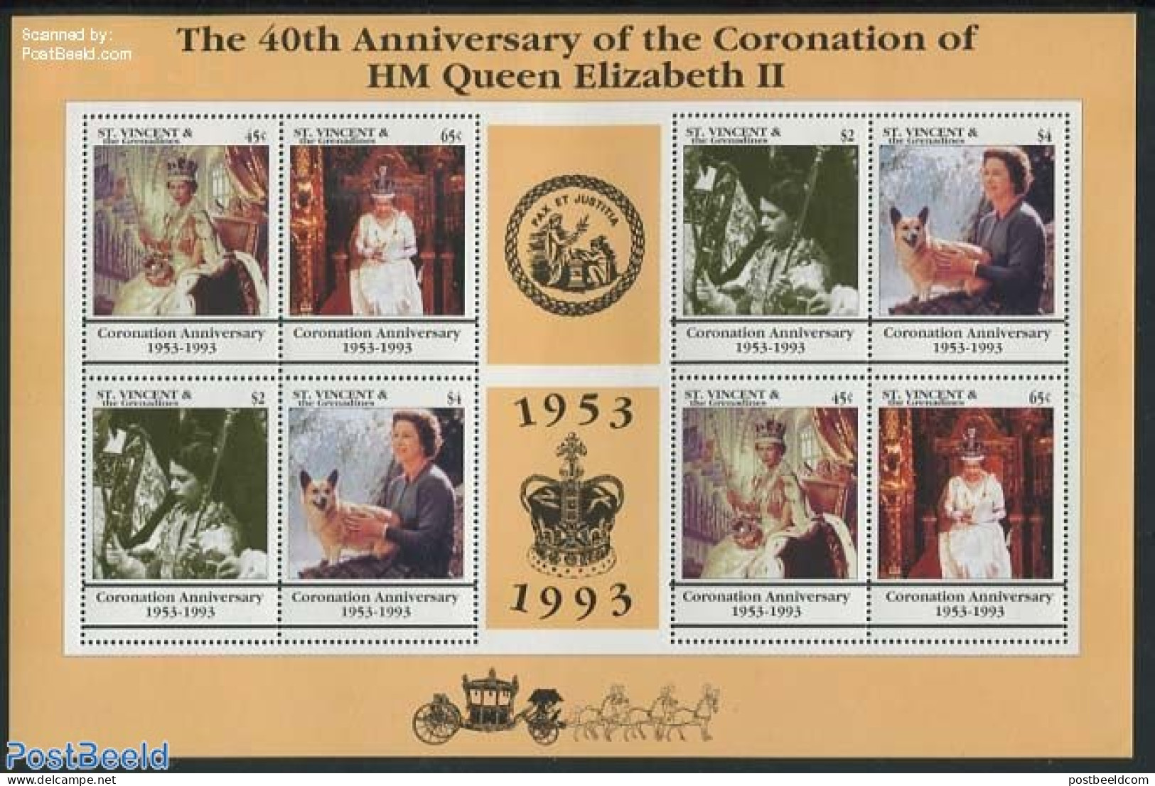 Saint Vincent 1993 Coronation Anniversary M/s, Mint NH, History - Nature - Kings & Queens (Royalty) - Dogs - Königshäuser, Adel