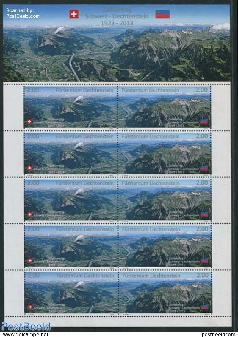 Liechtenstein 2013 Customs Treaty With Switzerland M/s, Mint NH, History - Sport - Flags - Mountains & Mountain Climbing - Neufs