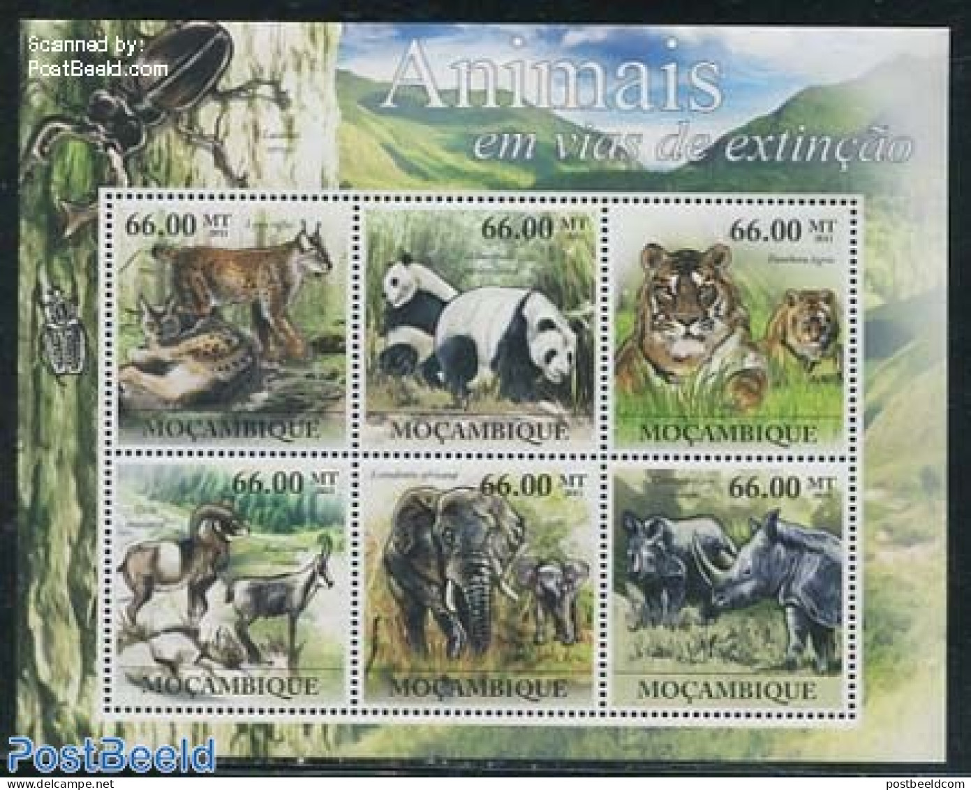 Mozambique 2011 Animals 6v M/s, Mint NH, Nature - Animals (others & Mixed) - Cat Family - Elephants - Rhinoceros - Mozambique