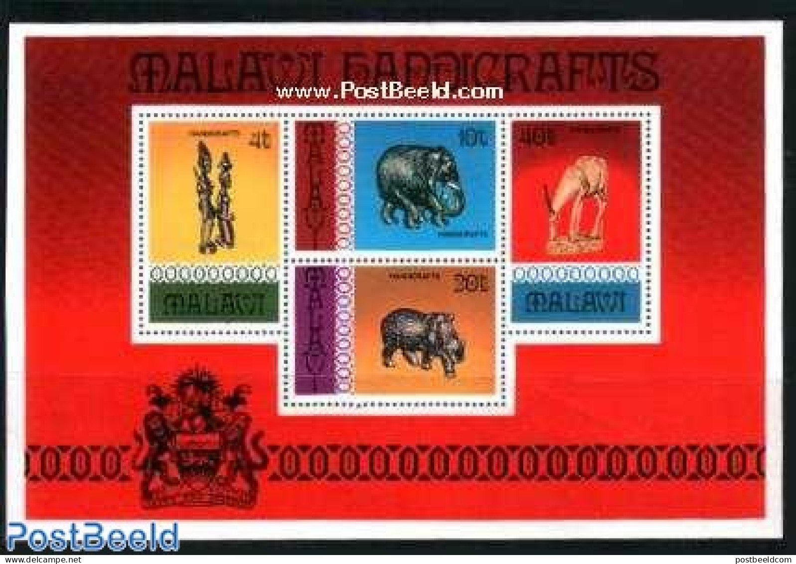 Malawi 1977 Handicrafts S/s, Mint NH, Nature - Elephants - Rhinoceros - Art - Art & Antique Objects - Malawi (1964-...)