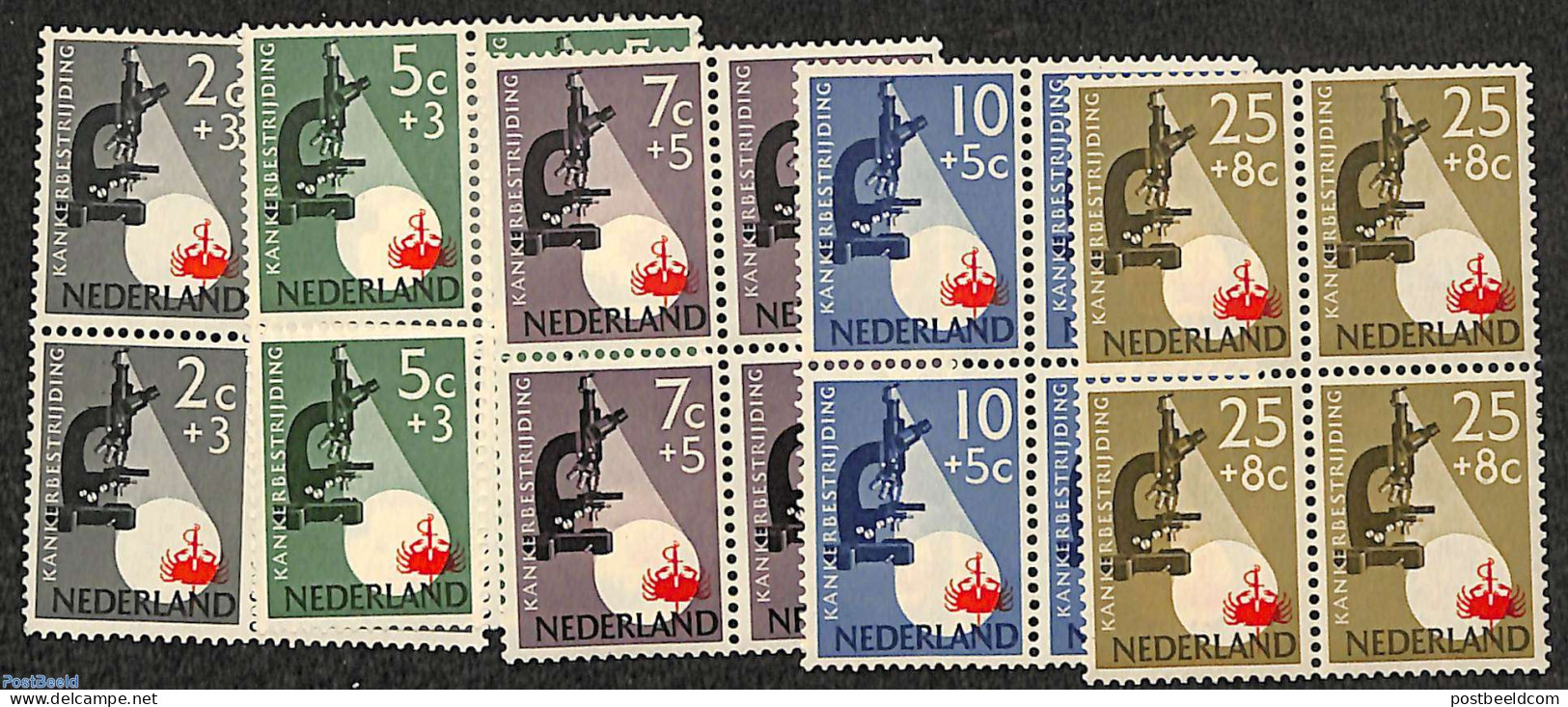 Netherlands 1955 Anti Cancer 5v Blocks Of 4, Mint NH, Health - Health - Ongebruikt