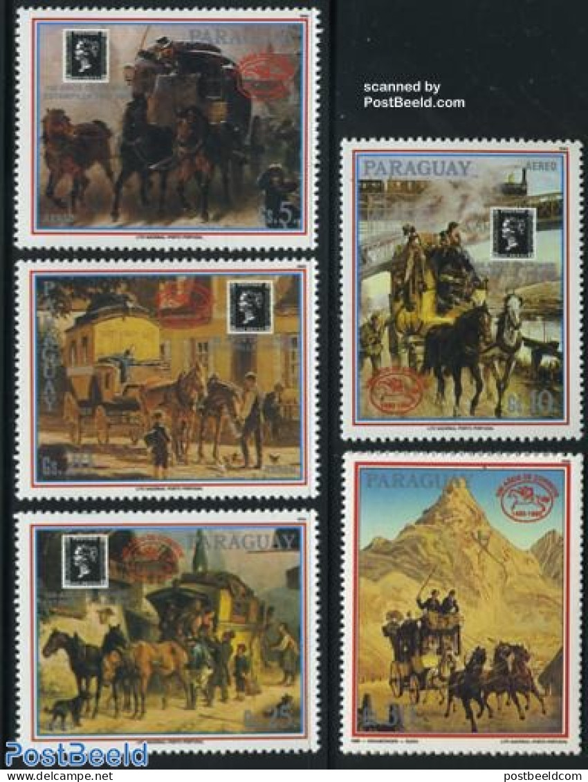 Paraguay 1990 Postal Coaches 5v, Mint NH, Nature - Transport - Horses - Stamps On Stamps - Coaches - Briefmarken Auf Briefmarken