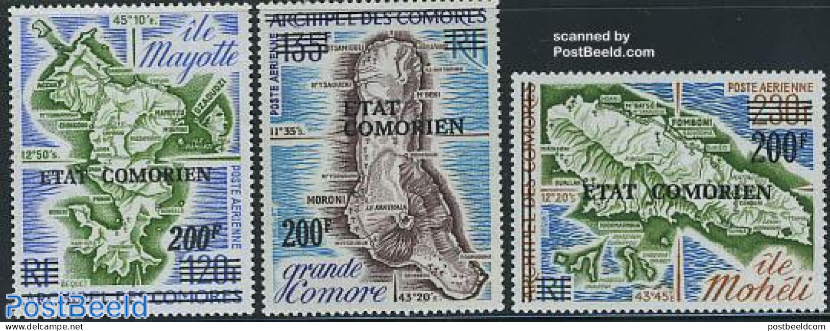 Comoros 1975 Maps 3v, Overprints, Mint NH, Various - Maps - Aardrijkskunde