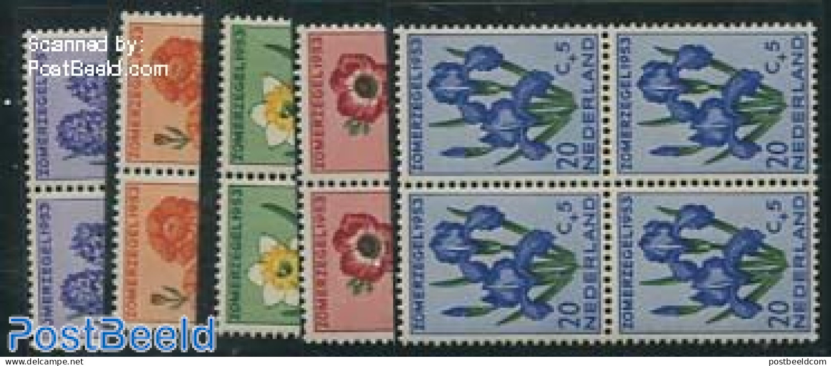 Netherlands 1953 Flowers 5v, Blocks Of 4 [+], Mint NH, Nature - Flowers & Plants - Nuovi