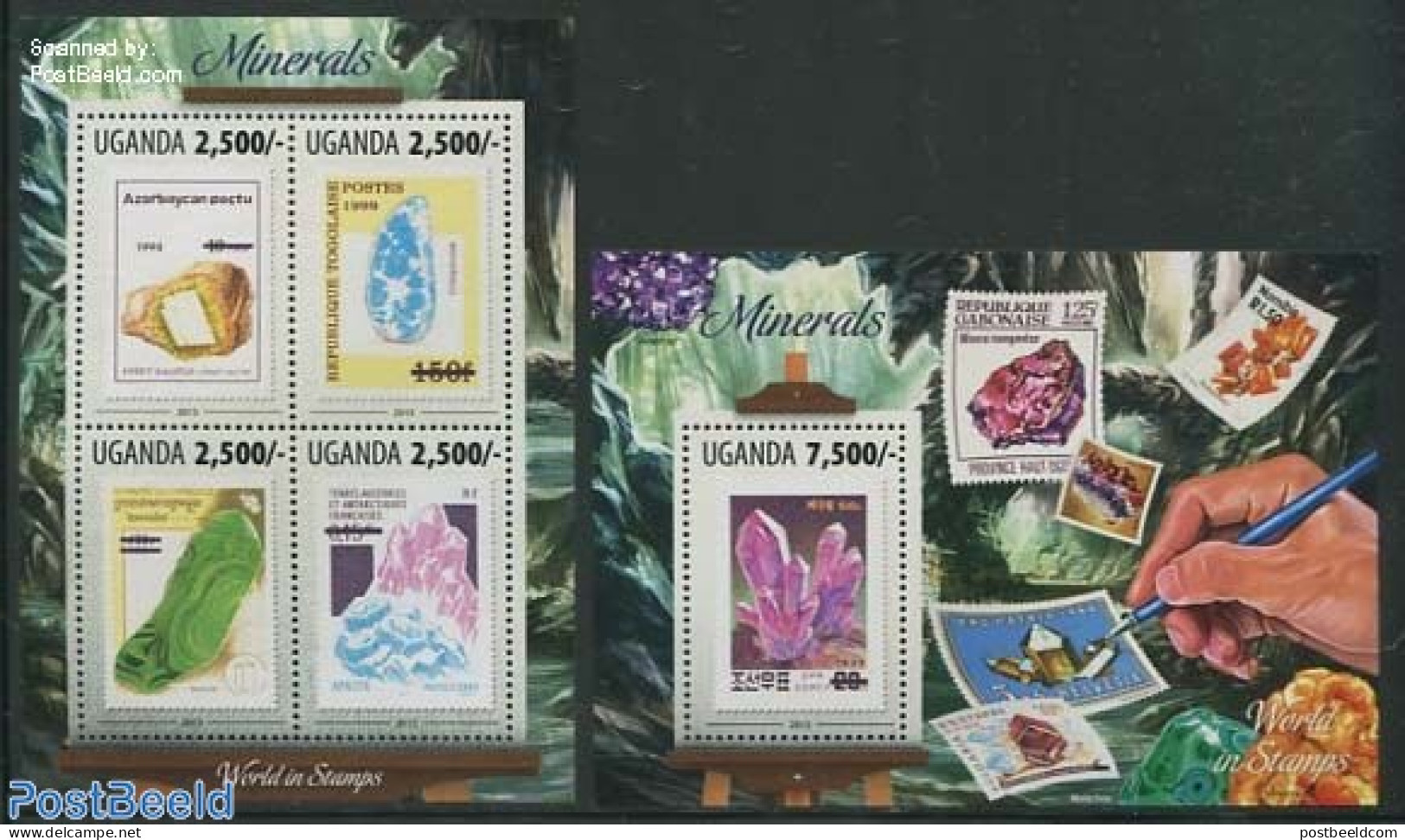 Uganda 2013 Minerals 2 S/s, Mint NH, History - Geology - Stamps On Stamps - Briefmarken Auf Briefmarken