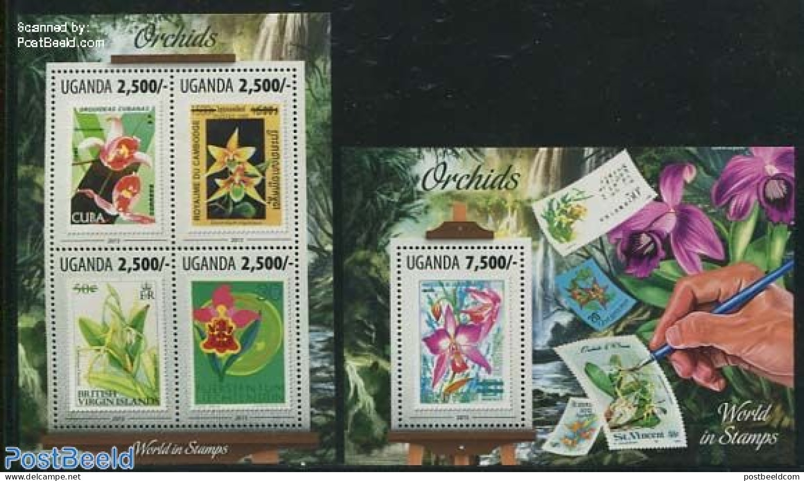 Uganda 2013 Orchids 2 S/s, Mint NH, Nature - Flowers & Plants - Orchids - Stamps On Stamps - Briefmarken Auf Briefmarken