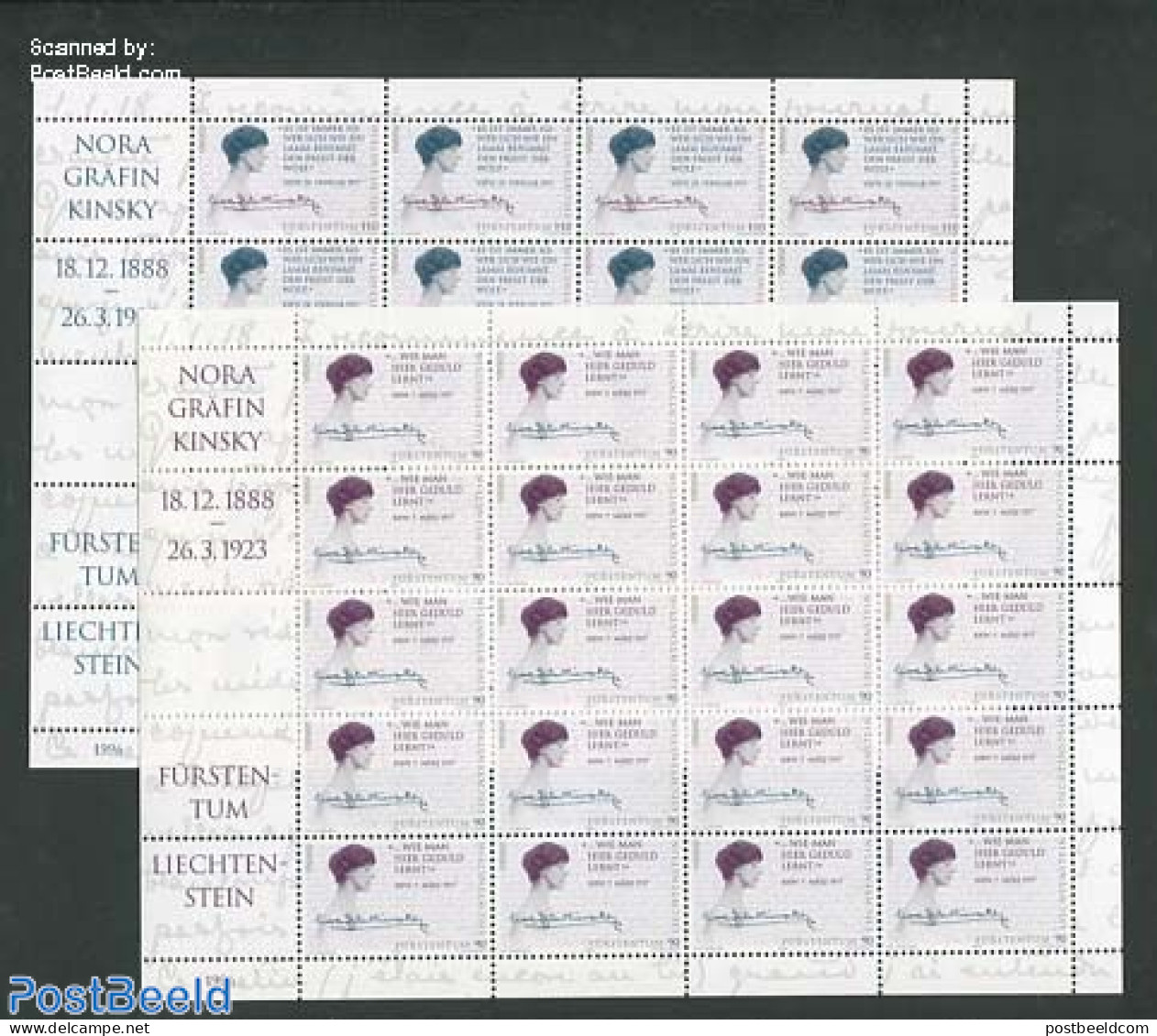Liechtenstein 1996 Nora Kinsky, 2 M/ss, Mint NH, History - Europa (cept) - Women - Art - Handwriting And Autographs - Nuevos