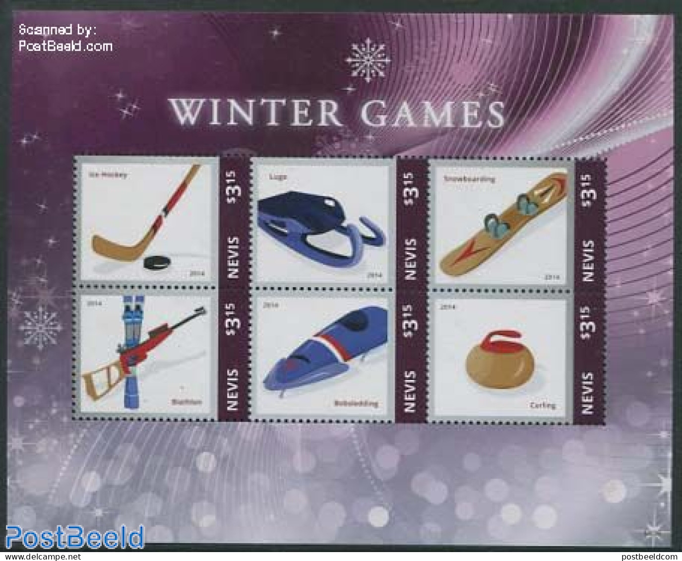 Nevis 2014 Winter Games 6v M/s, Mint NH, Sport - (Bob) Sleigh Sports - Ice Hockey - Shooting Sports - Skiing - Wintersport (Sonstige)