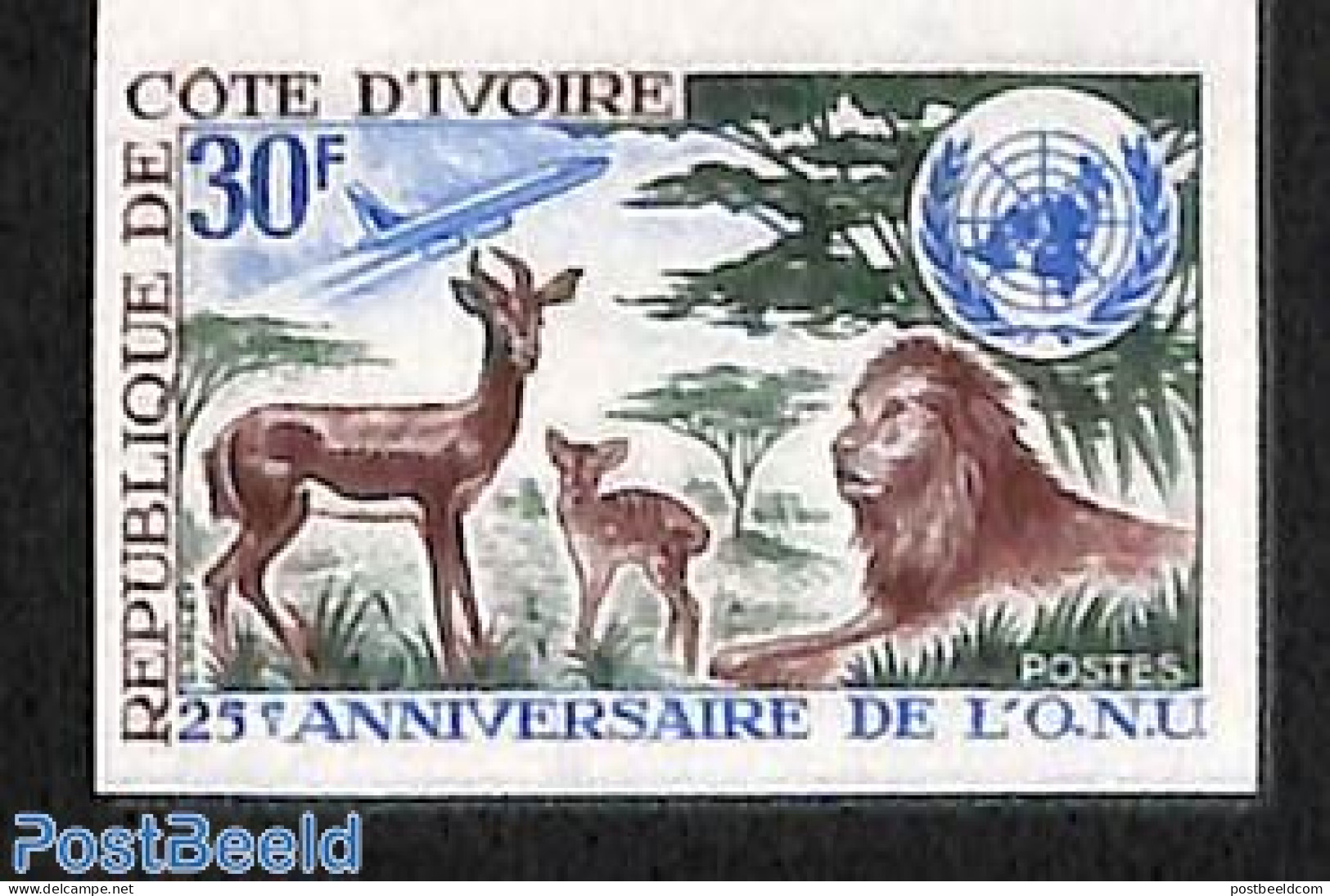 Ivory Coast 1970 United Nations 25th Anniversary 1v, Imperforated, Mint NH, History - Transport - Aircraft & Aviation - Neufs