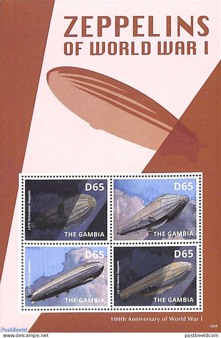 Gambia 2014 Zeppelins Of World War I 4v M/s, Mint NH, History - Transport - Zeppelins - World War I - Zeppelins