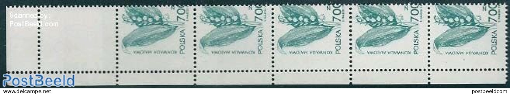 Poland 1991 Strip Of 5x700Zl, Greenblue + 1 Tab, Moved Perforation, Mint Nh, Mint NH, Health - Nature - Health - Flowe.. - Ongebruikt