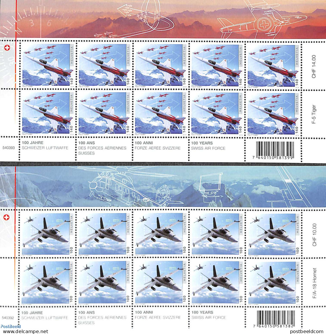 Switzerland 2014 Airforce 2 M/ss, Mint NH, Transport - Aircraft & Aviation - Unused Stamps
