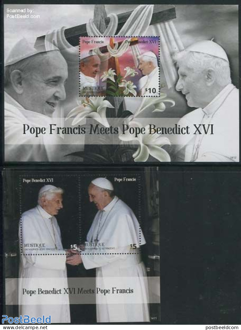 Saint Vincent & The Grenadines 2014 Mustique, Pope Francis Meets Pope Benedict XVI 2 S/s, Mint NH, Religion - Pope - R.. - Päpste