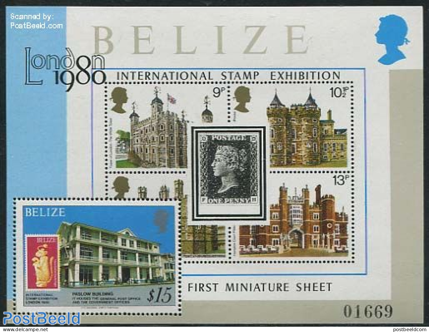 Belize/British Honduras 1979 London 1980 S/s, Mint NH, History - Kings & Queens (Royalty) - Stamps On Stamps - Art - C.. - Familias Reales