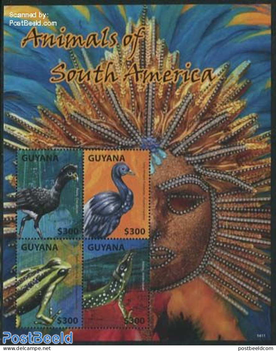 Guyana 2014 Animals Of South America 4v M/s, Mint NH, Nature - Birds - Frogs & Toads - Reptiles - Guyane (1966-...)