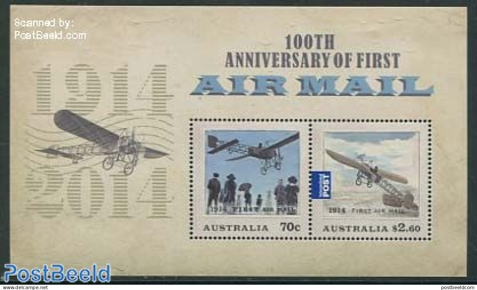 Australia 2014 First Airmail Flight S/s, Mint NH, Transport - Post - Aircraft & Aviation - Nuovi