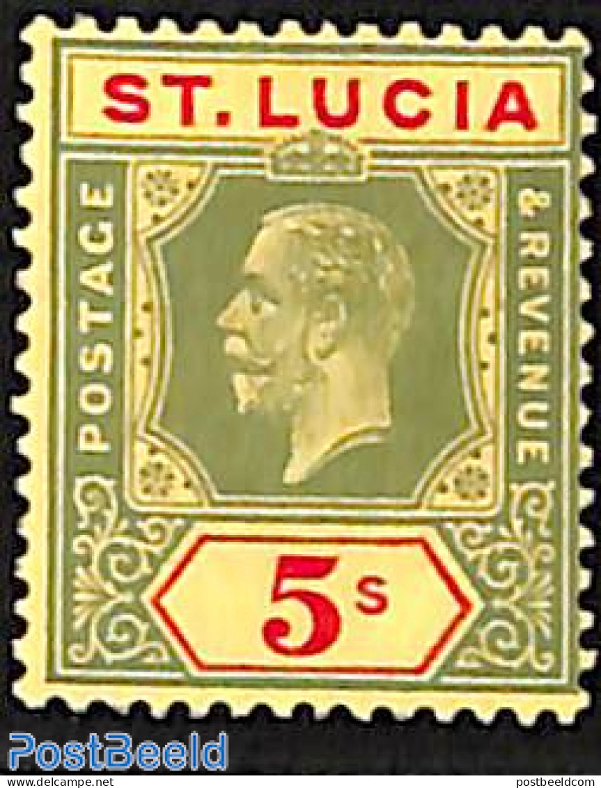 Saint Lucia 1921 5Sh, WM Script-CA, Stamp Out Of Set, Unused (hinged) - St.Lucia (1979-...)